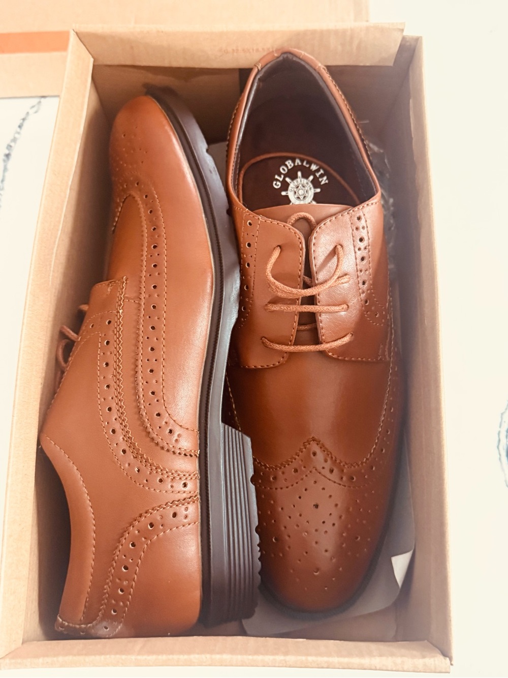 Global Win Tan Leather Brogue Derby Shoes